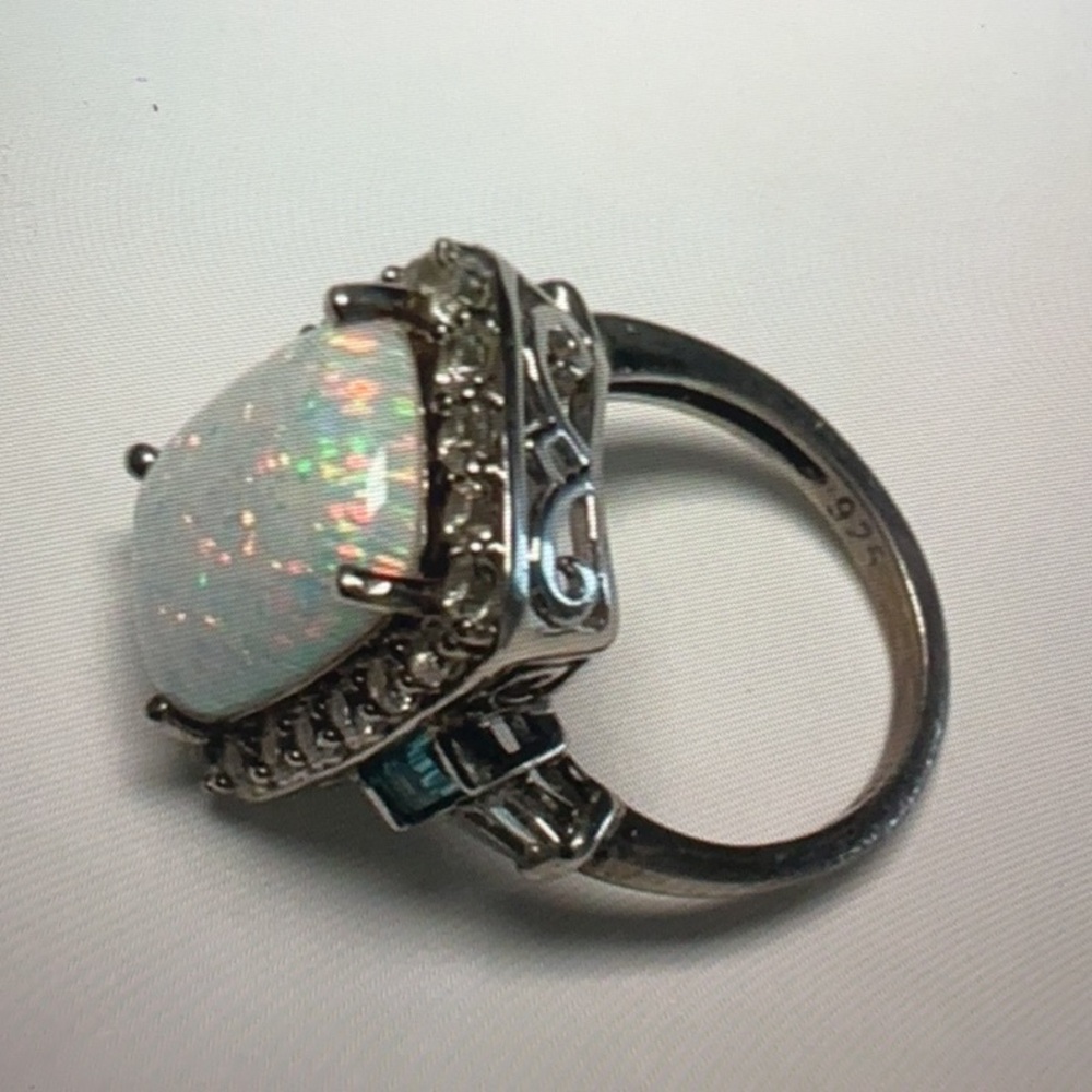 Sterling Silver Synthetic Opal Ring with CZ Halo - Picture 4 of 4